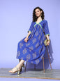 Ahalyaa Blue Floral Print Midi Empire Ethnic Dress