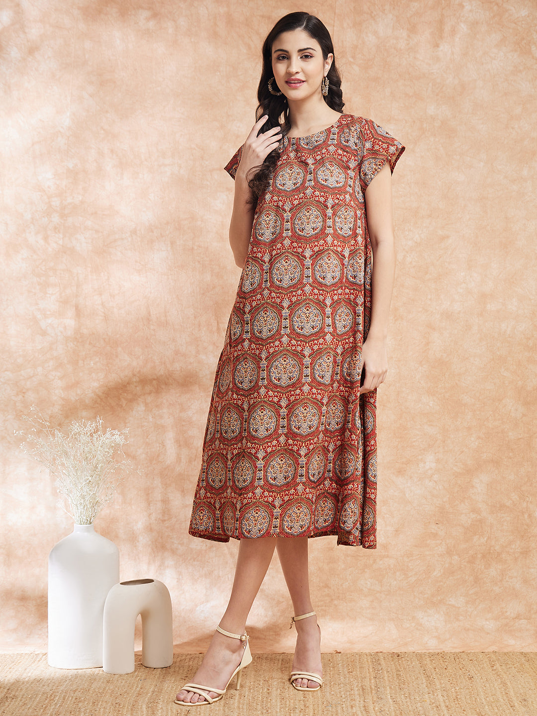InWeave Women's Maroon Mughal Kalamkari A Line Dress