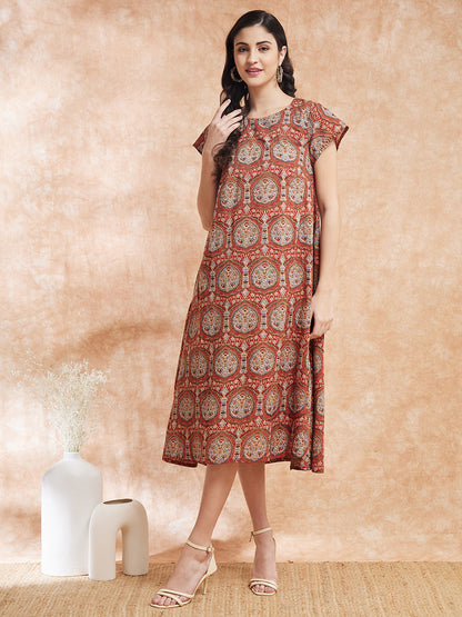 InWeave Women's Maroon Mughal Kalamkari A Line Dress