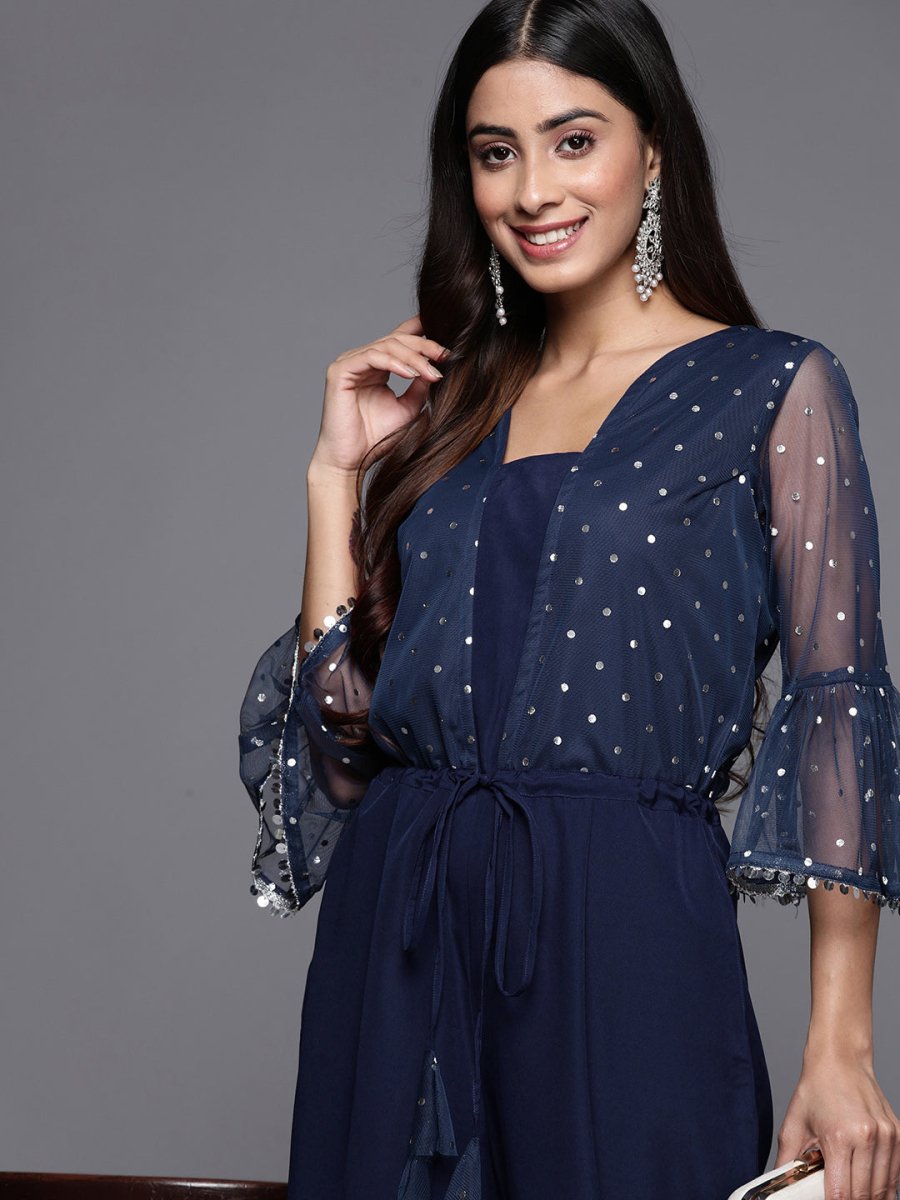 Ahalyaa Printed Bell Sleeves Crepe Basic Jumpsuit With Waist Tie-Ups