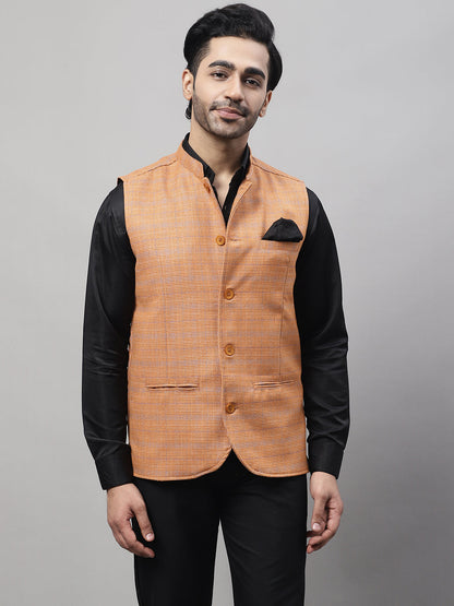 Even Apparels Men's Orange Nehru Jacket With Welt Pockets