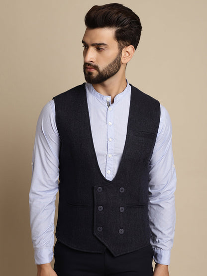 Even Apparels Men's Blue Woolen Double Breast Waistcoat