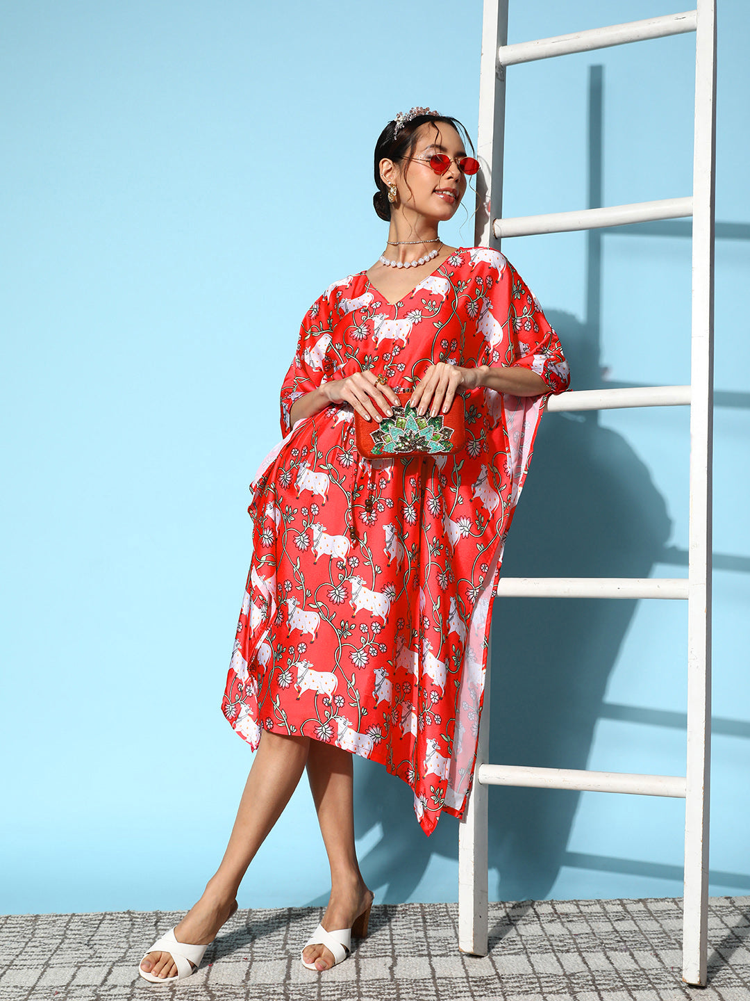 InWeave Women's Bright Pink Indian Bull Print Kaftan