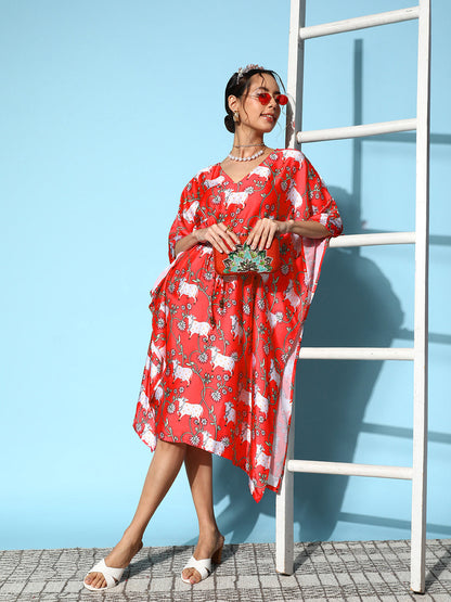InWeave Women's Bright Pink Indian Bull Print Kaftan