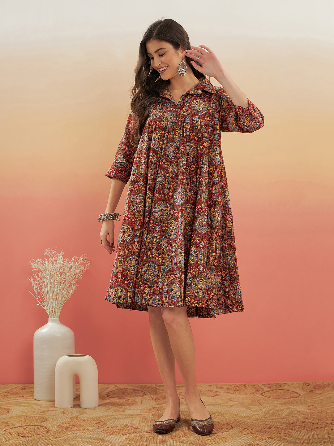 InWeave Women's Maroon Mughal Kalamkari Flared Dress
