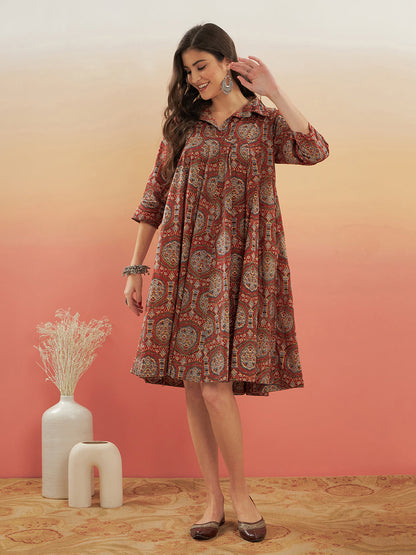 InWeave Women's Maroon Mughal Kalamkari Flared Dress