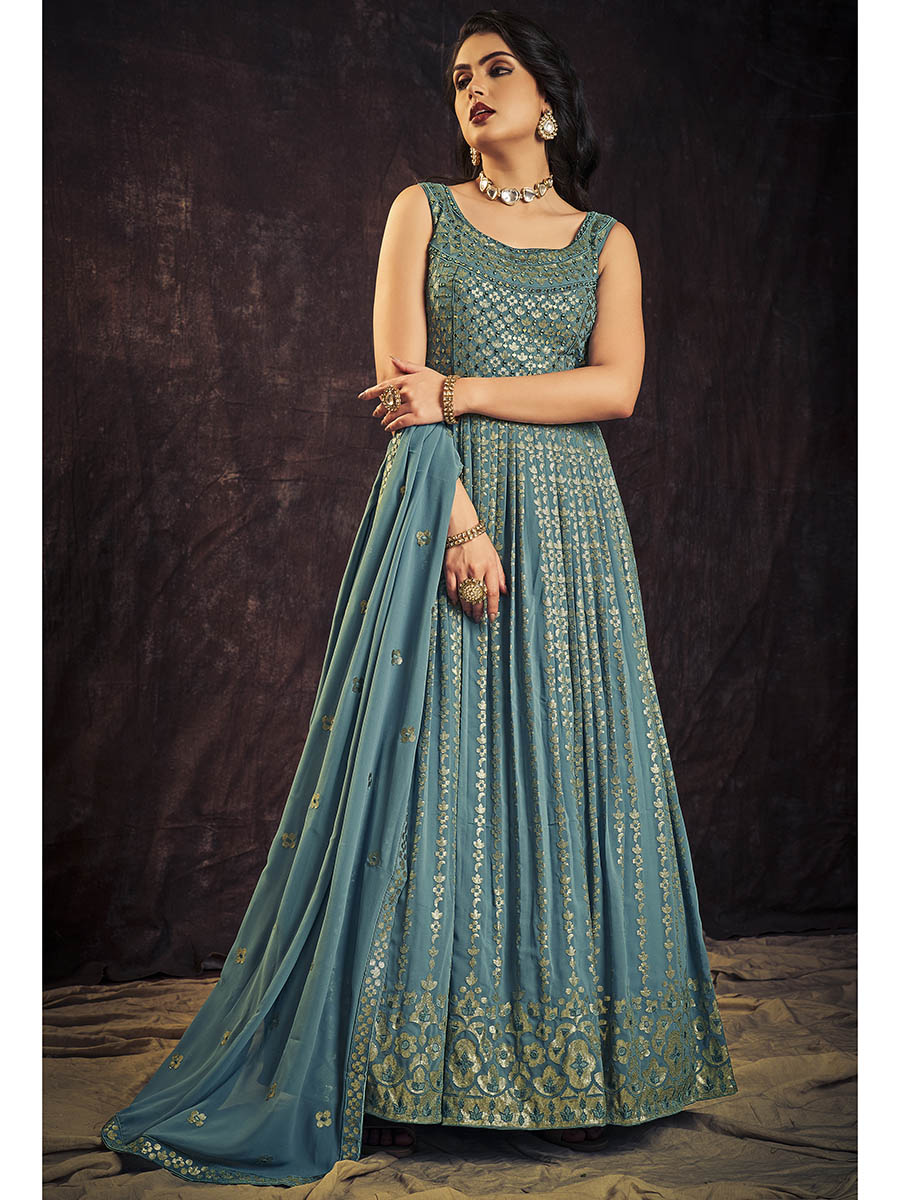 Myra Blue Real Georgette Designer Gown Style Suit