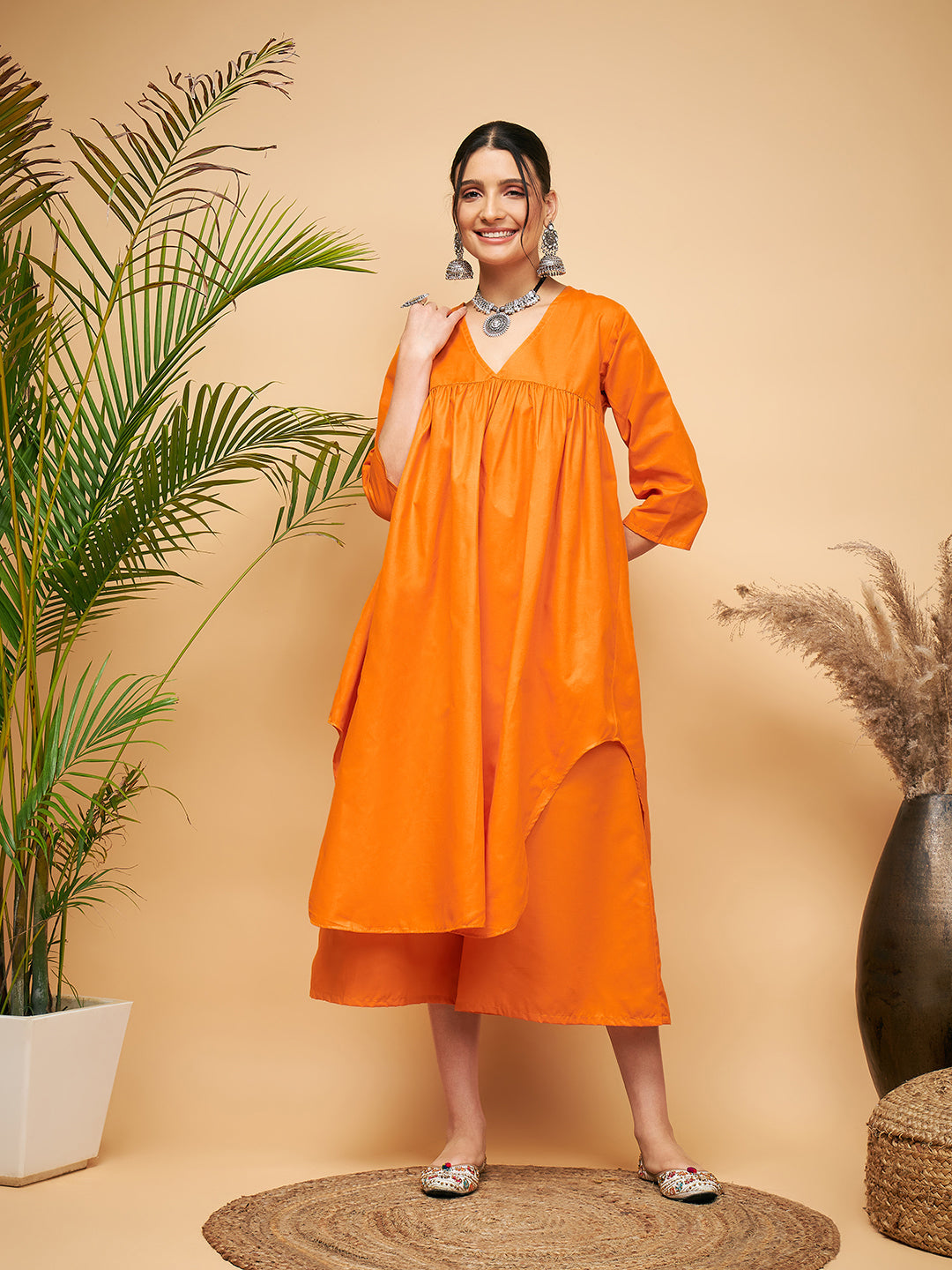 InWeave Women's Orange Flared Kurta Palazzo Set