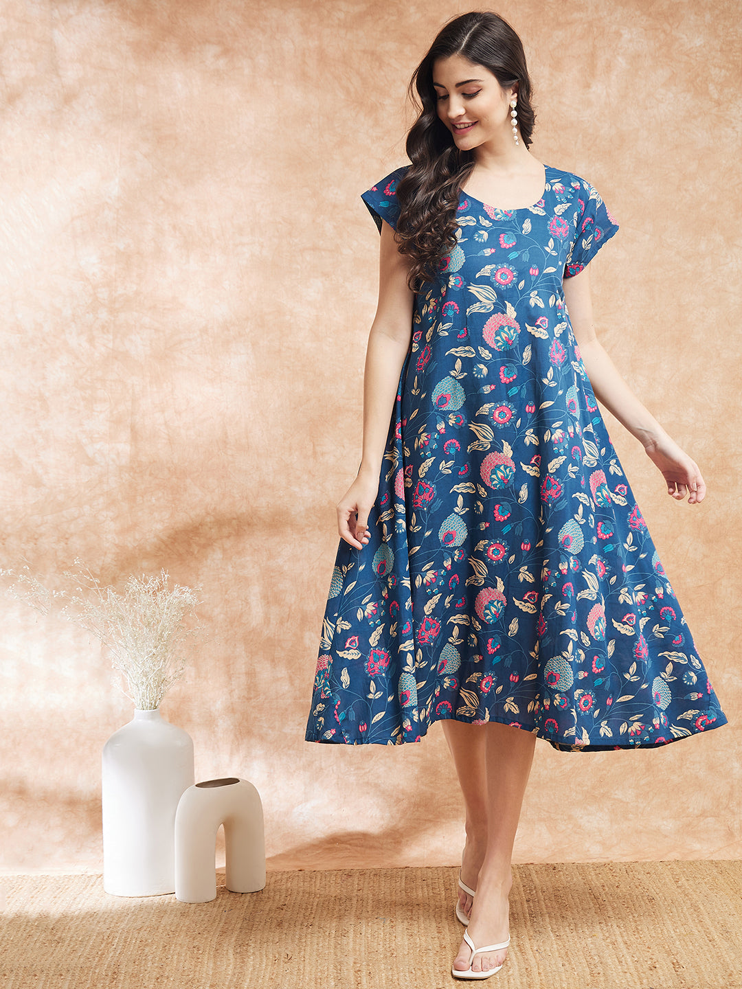 InWeave Women's Blue Pink Kalamkari A Line Dress