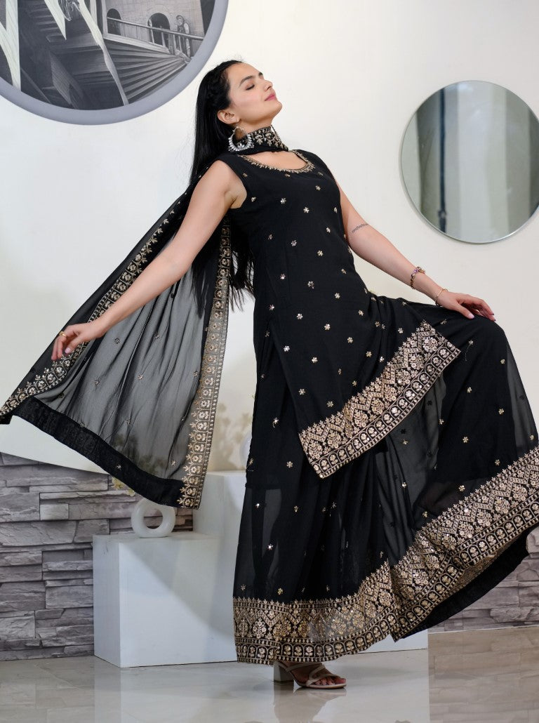 Teeya Creation Black Color Faux Georgette Heavy Embroidery Work Fully Stitched Sharara Suit