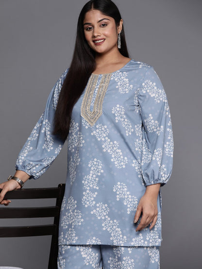 Ahalyaa Plus Size Floral Print Zari Ethnic Tunic with Palazzos