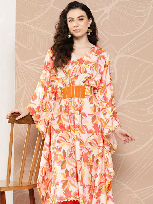 Ahalyaa Women Floral Printed Flared Sleeves Gotta Patti Crepe Kaftan Kurta