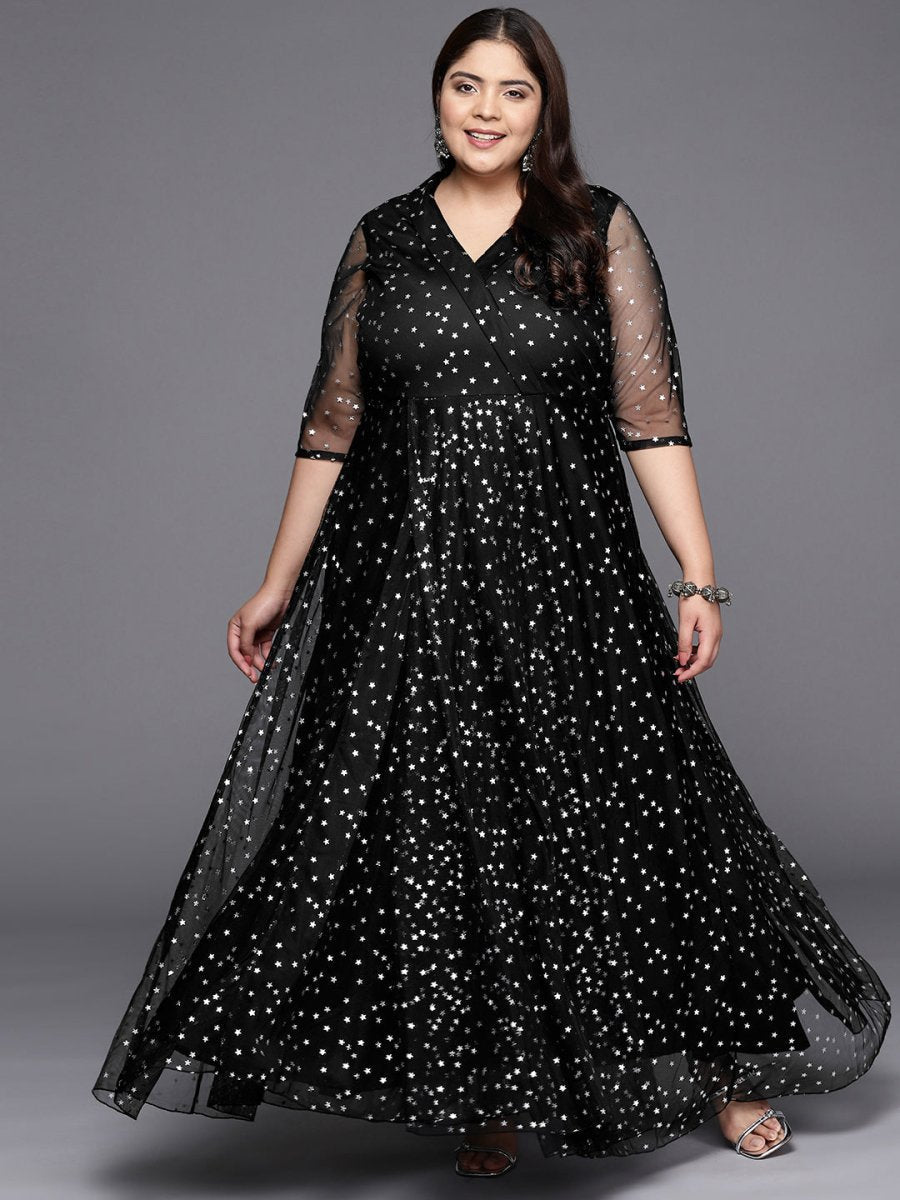 Ahalyaa Plus Size Printed Net V-neck Maxi Ethnic Dress