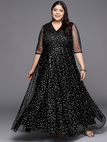 Ahalyaa Plus Size Printed Net V-neck Maxi Ethnic Dress