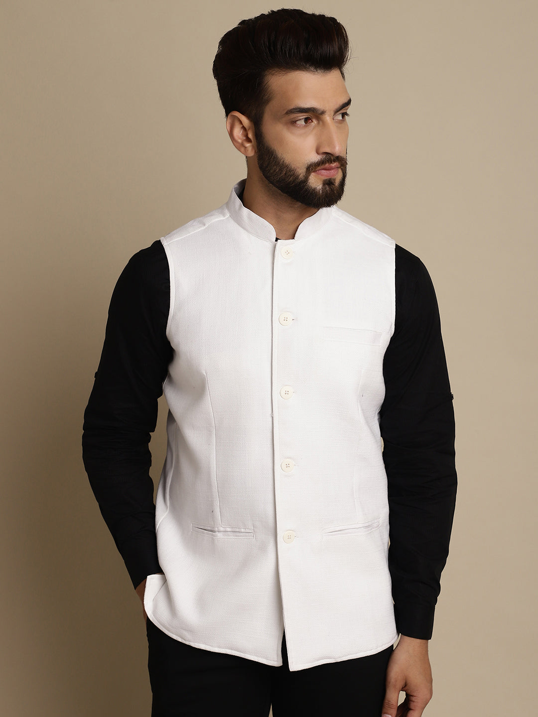 Even Apparels Men's White Mandarin Collar Waistcoat