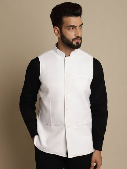 Even Apparels Men's White Mandarin Collar Waistcoat