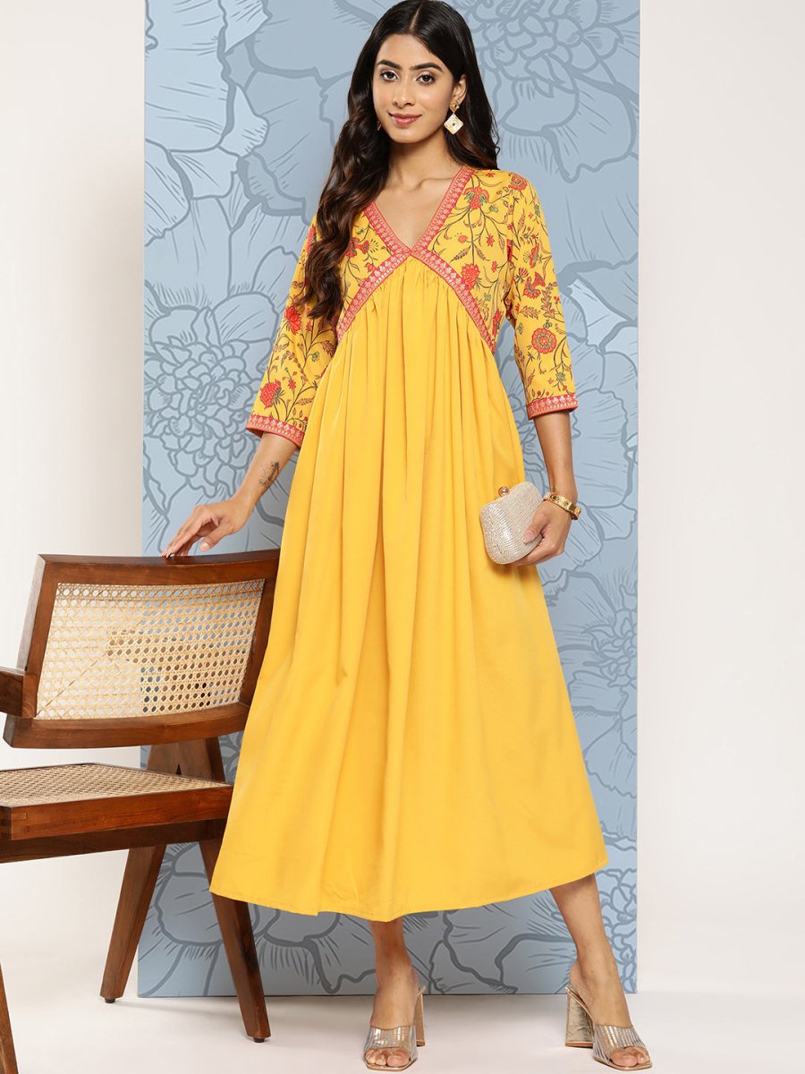 Ahalyaa Floral Print Crepe Empire Midi Ethnic Dress