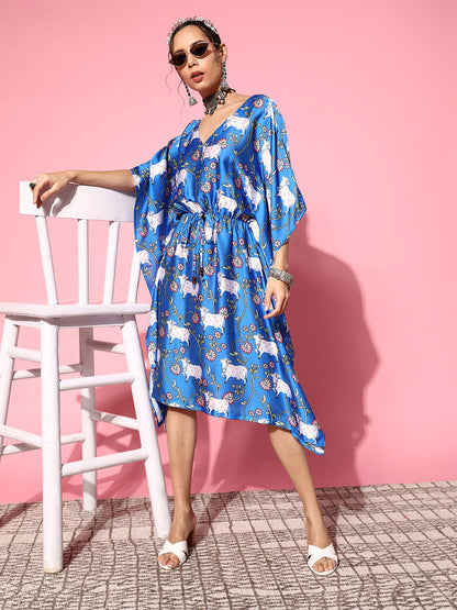 InWeave Women's Ink Blue Indian Bull Print Kaftan