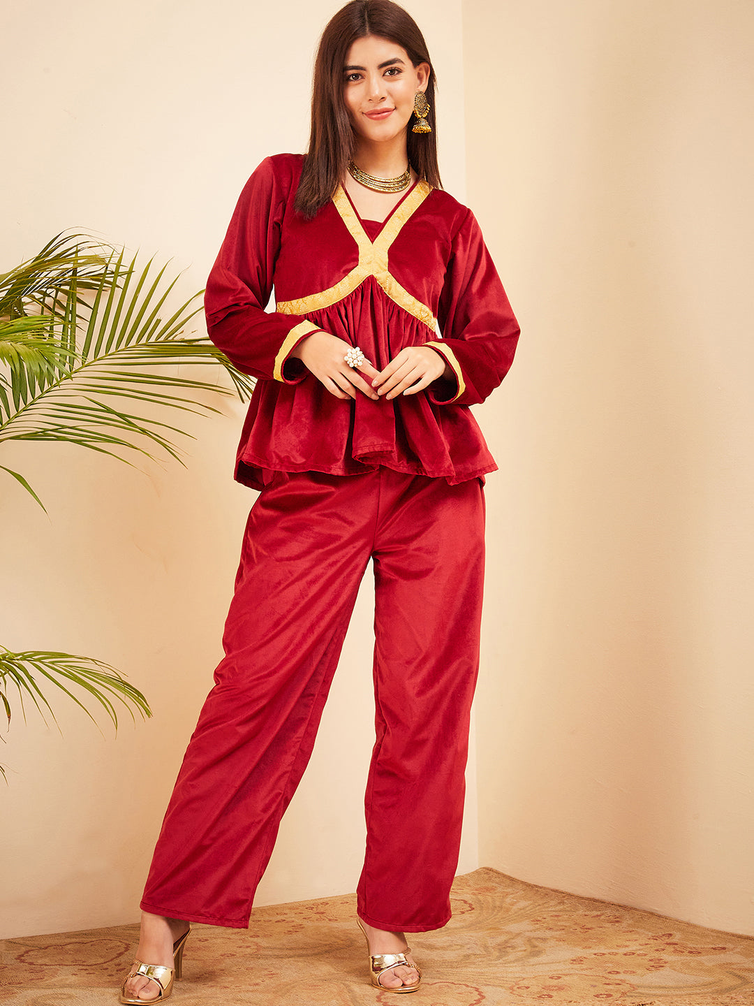InWeave Women's Barn Red Mughal Shaan Style Velvet Short Kurta Set