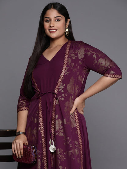 Ahalyaa Plus Size Floral Print Crepe Layered A-line Maxi Ethnic Dress