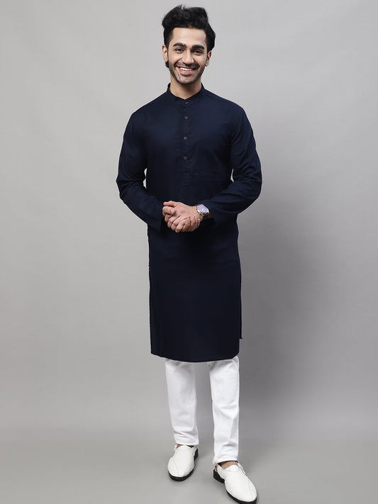 Even Apparels Blue Pure Cotton Kurta With Band Collar