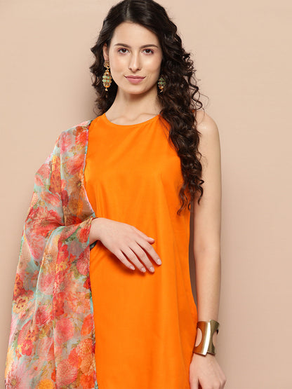 InWeave Women's Tangy Orange Short Pallazo Set W Green Or Dupatta