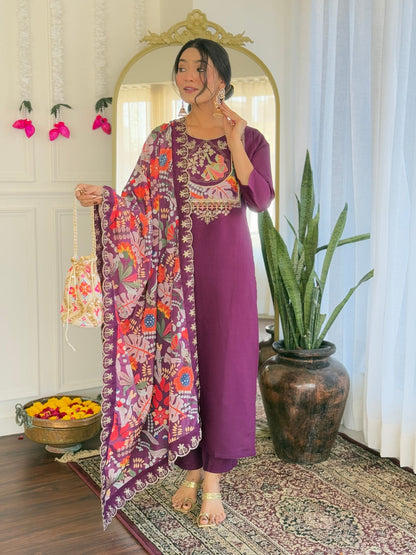 The52 Women's Viscose Chanderi Fabric Straight Kurta, Pant and Dupatta Set