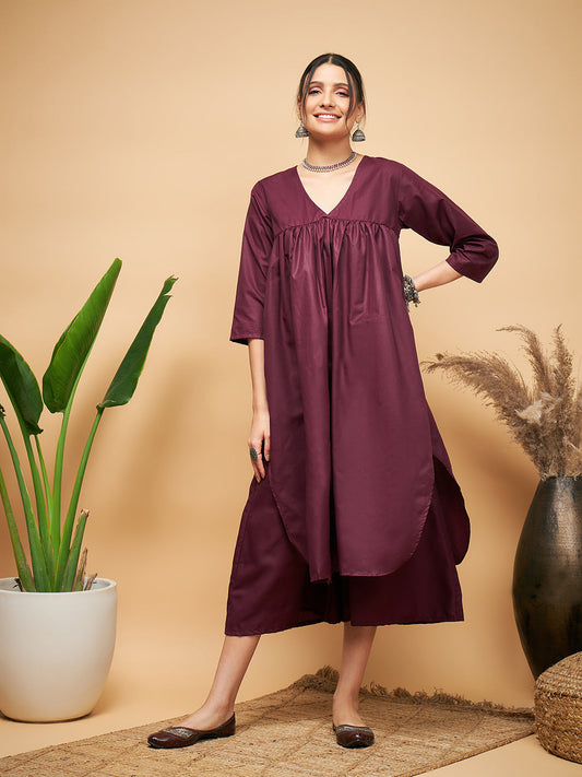 InWeave Women's Wine Solid Flared Kurta Palazzo Set