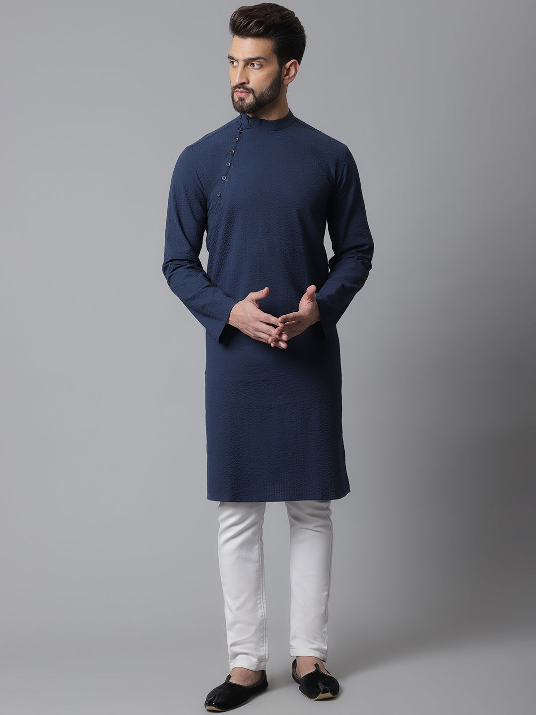 Even Apparels Blue Solid Kurta With Band Collar
