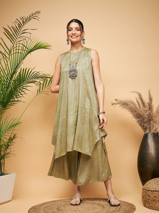 InWeave Women's Olive Lurex Short Pallazo Kurta Set