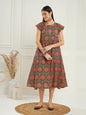 InWeave Women's Green Red Mughal Kalamkari A Line Dress