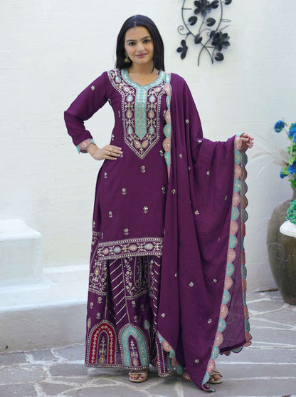 Yash Enterprise Embroidered Chinon With Sequin Maroon Readymade Salwar Suit