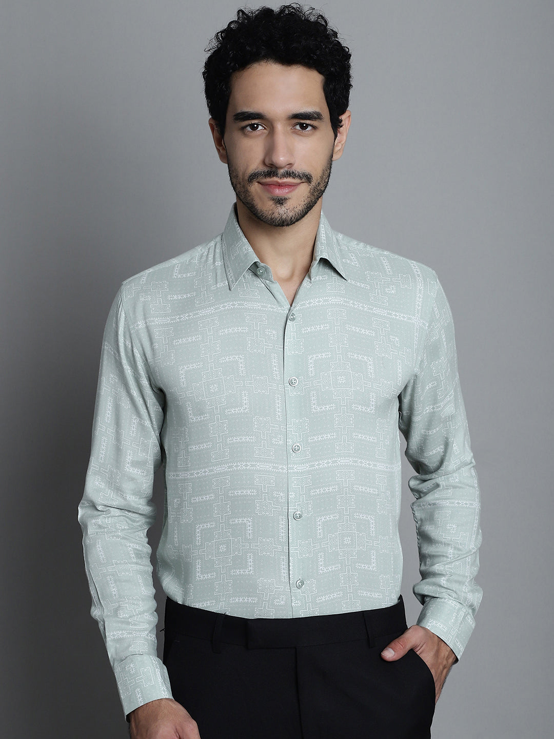Jainish Men's Geomatric Printed Formal Shirts - Pista