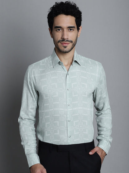 Jainish Men's Geomatric Printed Formal Shirts - Pista