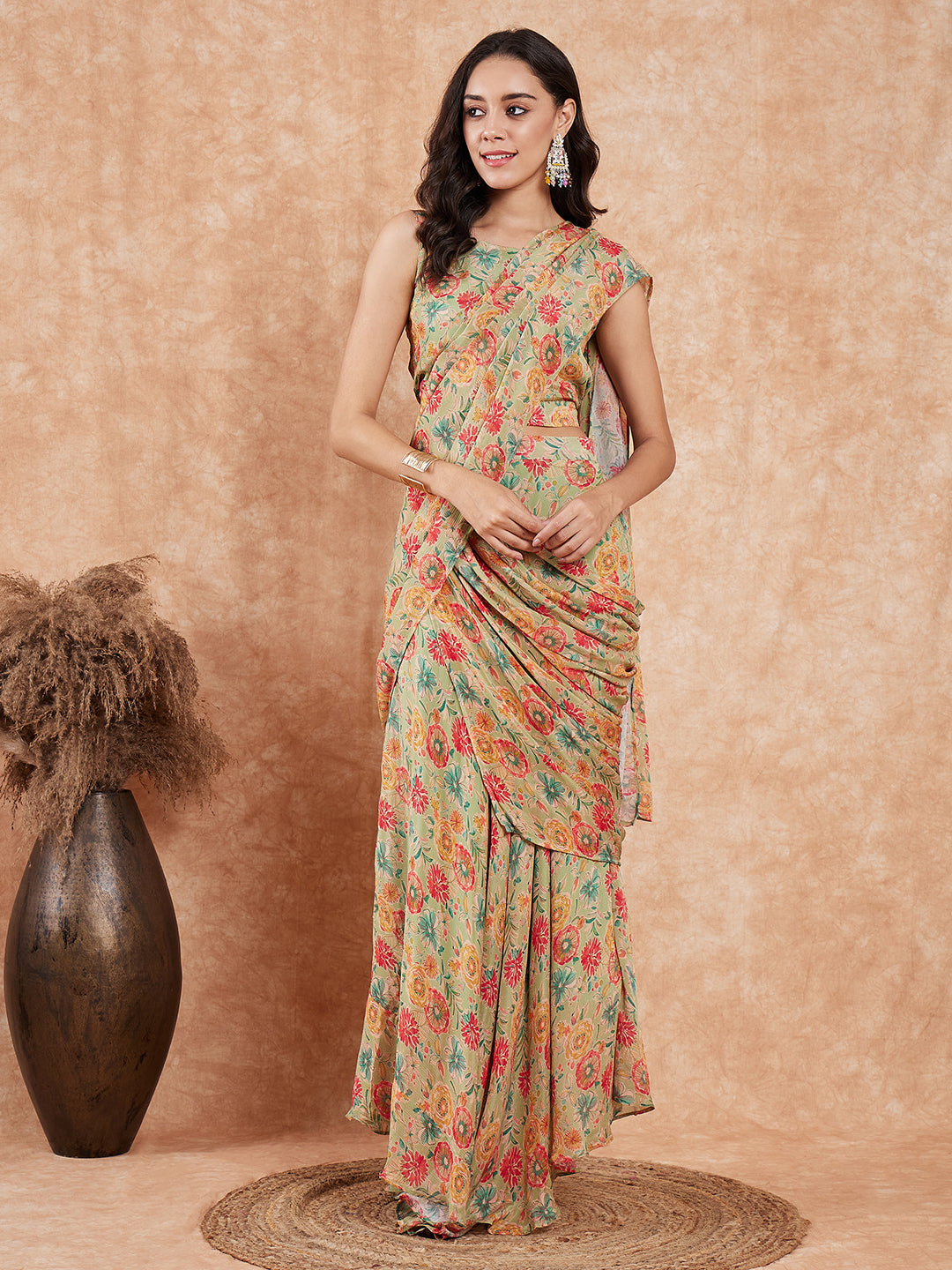 InWeave Women's Pear Green Red Floral Skirt Saree