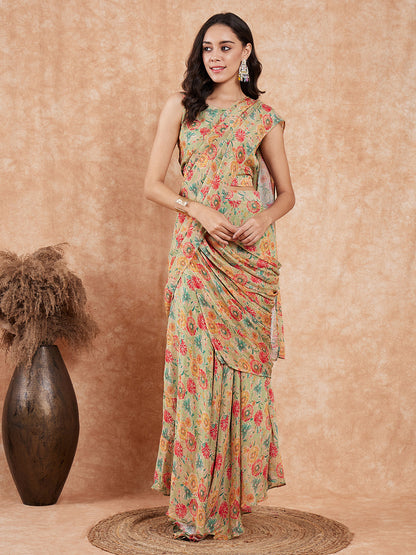 InWeave Women's Pear Green Red Floral Skirt Saree