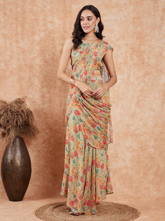 InWeave Women's Pear Green Red Floral Skirt Saree