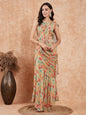 InWeave Women's Pear Green Red Floral Skirt Saree