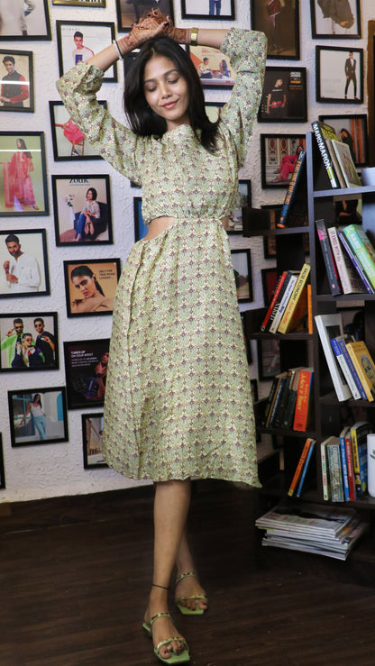 Noroke Sustainable fabric | Mushroom Ikat Cut-out Midi Dress - Printed