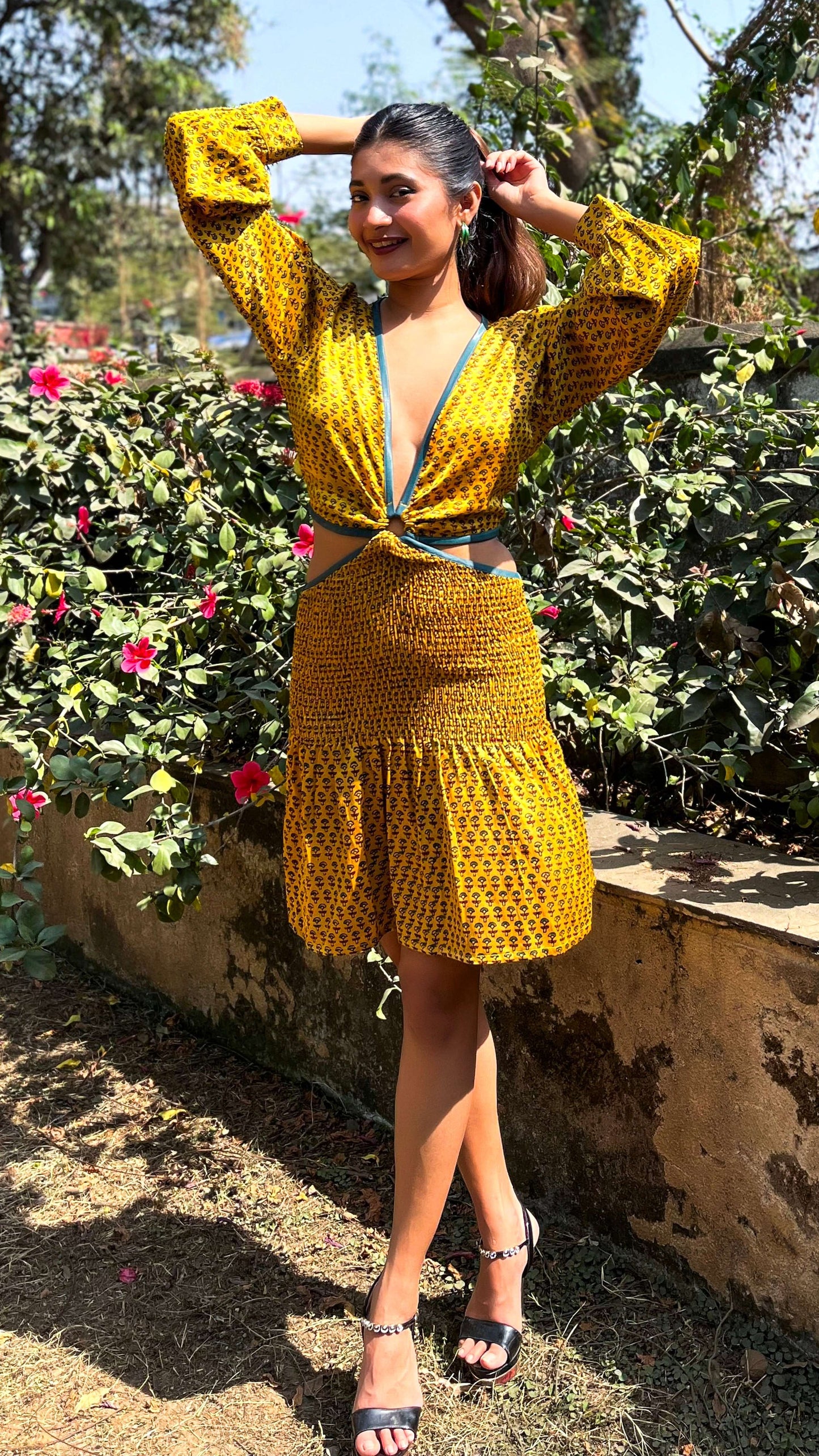 Noroke Yellow silk cut out short dress