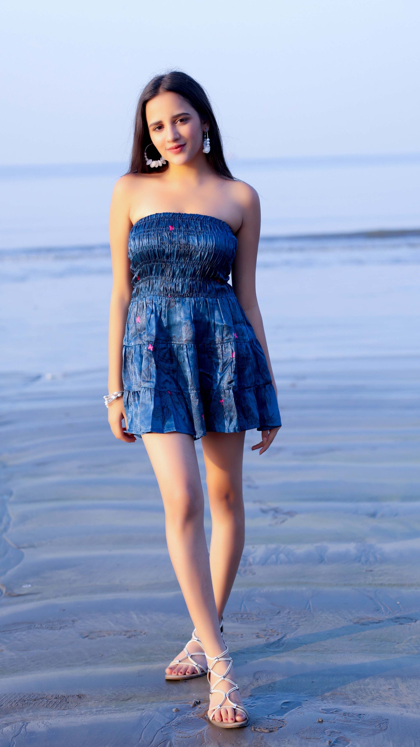 Noroke Modal Steel Blue Printed Mini Tiered Dress