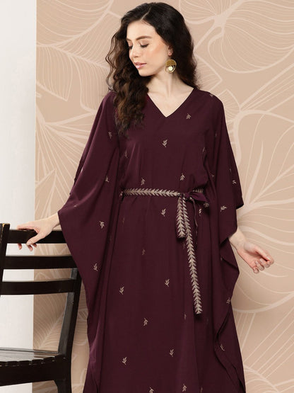Ahalyaa Women Floral Printed Flared Sleeves Belted Detail Crepe Kaftan Kurta