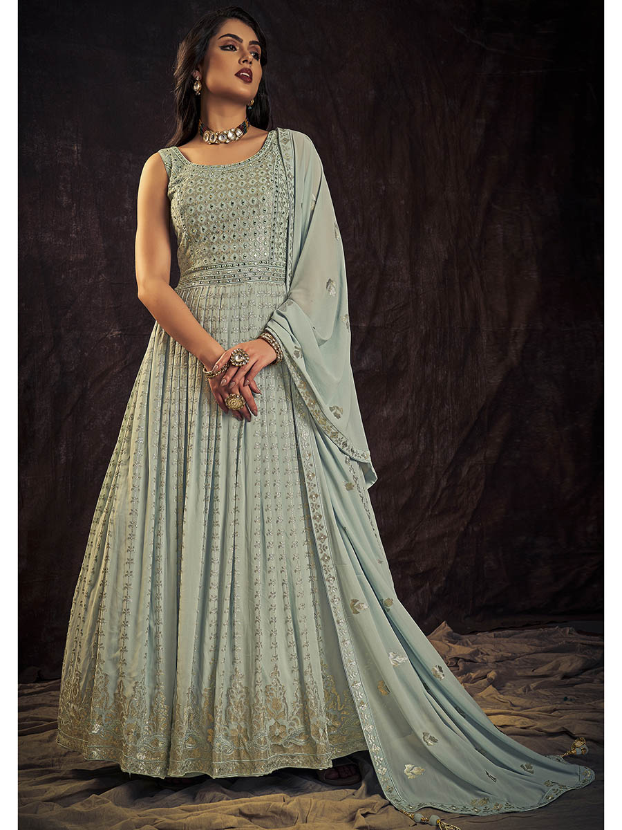 Myra Light Blue Real Georgette Designer Gown Style Suit