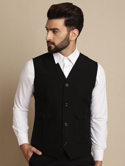 Even Apparels Men's Black Waistcoat With Patch Pocket