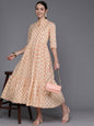 Ahalyaa Floral Print Mandarin Collar Tiered Midi Pure Cotton Ethnic Dress