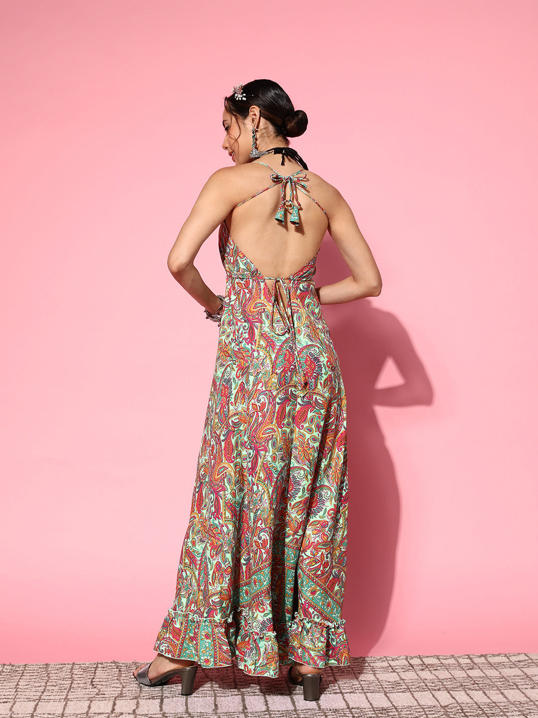InWeave Women's Green Paisley Print Back Detail Long Dress