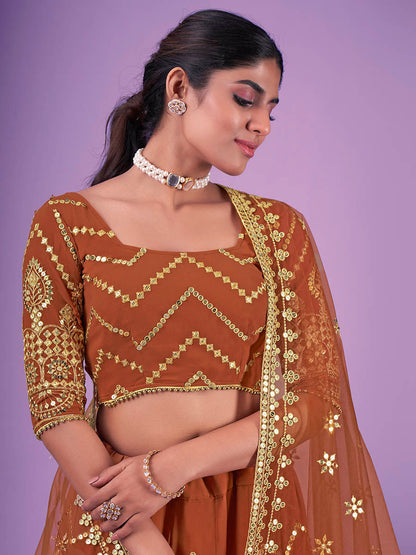 Myra Orange Georgette Embroidered Designer Lehenga