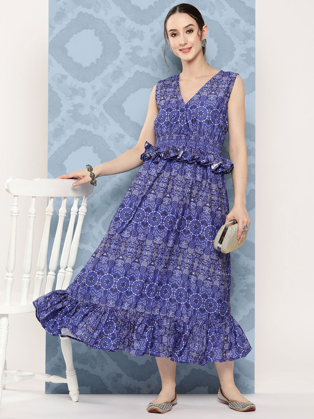 InWeave Women's Blue Floral Paisley Print Long Frill Dress