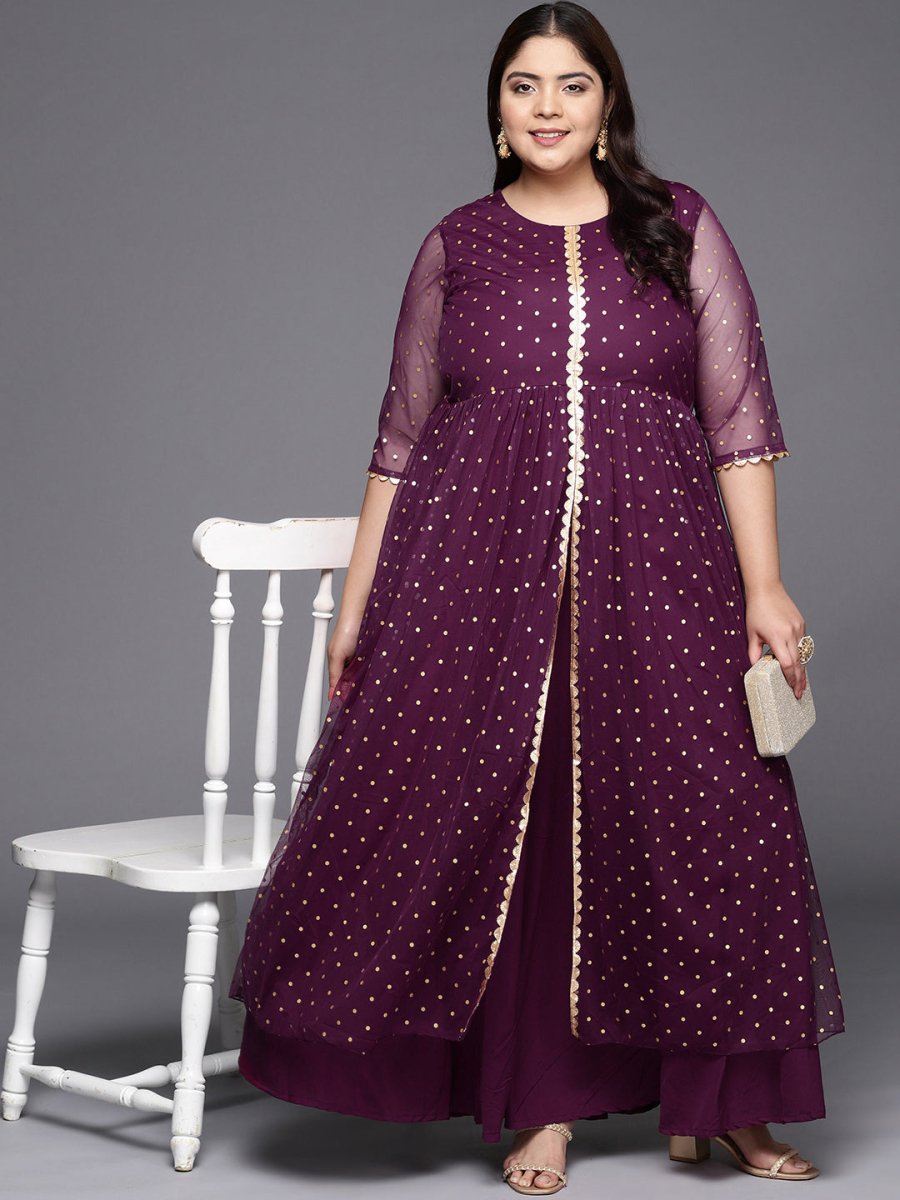 Ahalyaa Plus Size Round neck Net Maxi Ethnic Dress