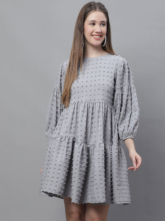 Jainish Women's Peach Self Design Tiered Dress
